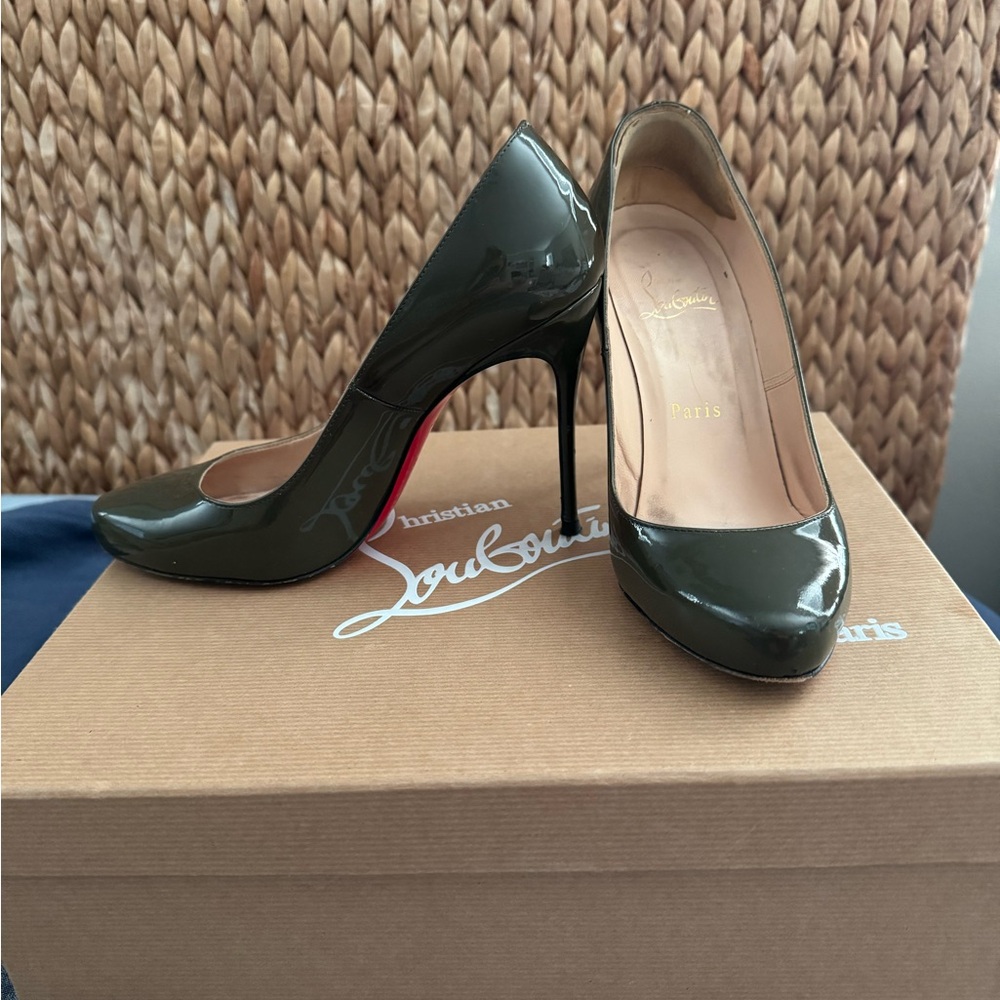 Christian Louboutin Olive Green Patent Pumps with Red Sole